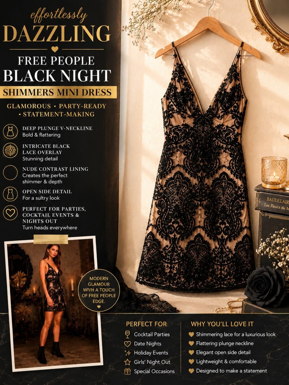 Free People Black Night Shimmers Mini Dress NWT Plunge Party Dress - Picture 1 of 15